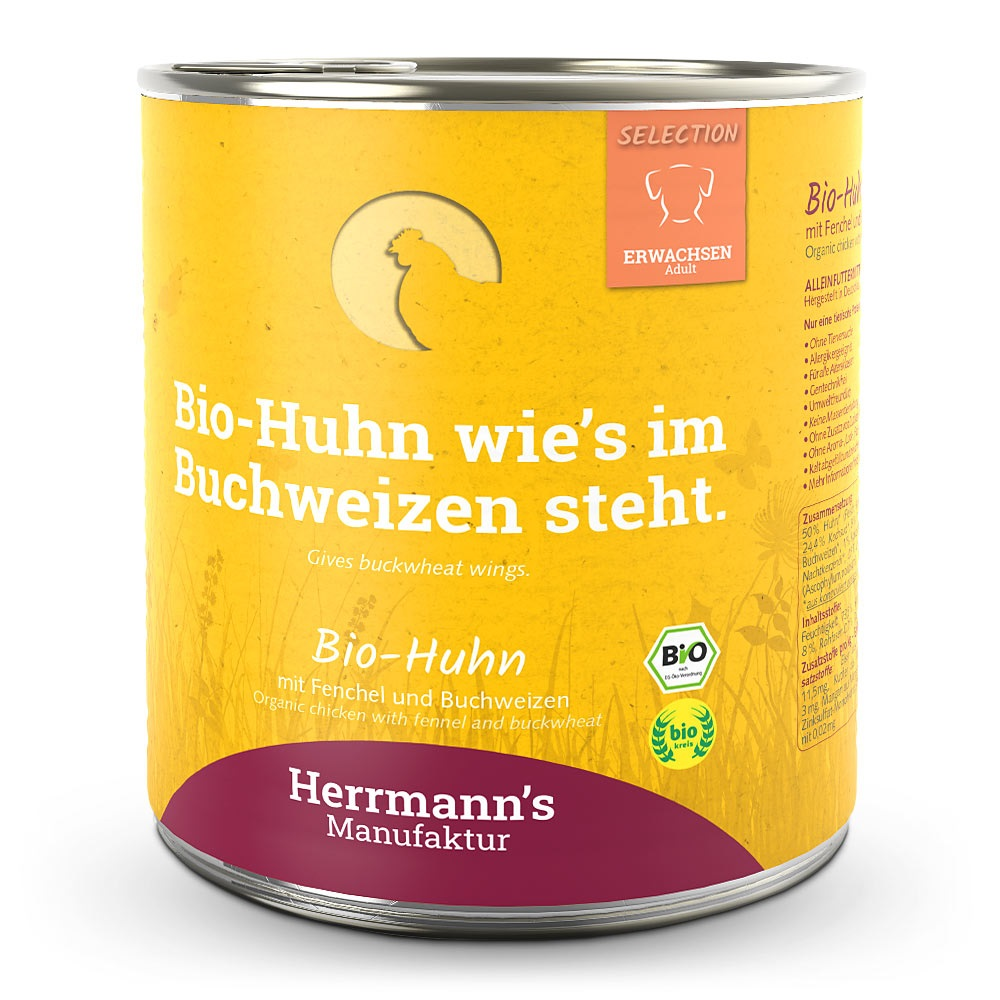 Herrmann's Hunde Dose - Adult Bio-Huhn mit Fenchel und Buchweizen  - 800g Hunde Nassfutter