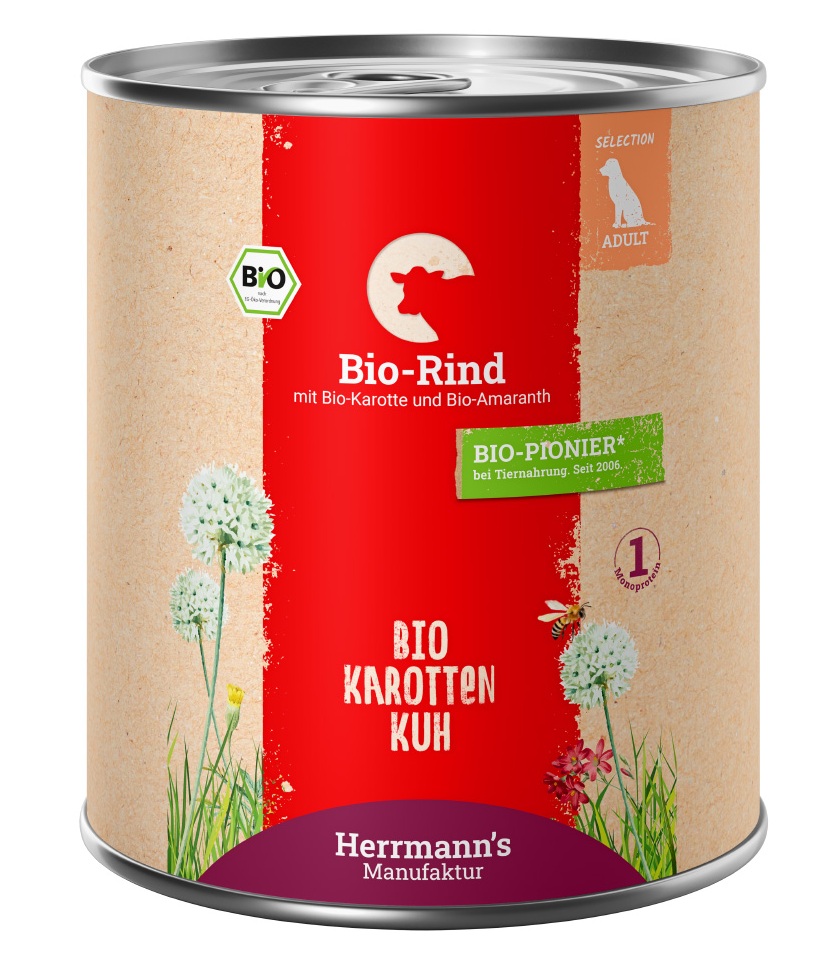 Herrmann's Hunde Dose - Adult Bio-Rind mit Karotten und Amaranth - 800g für Hunde Nassfutter