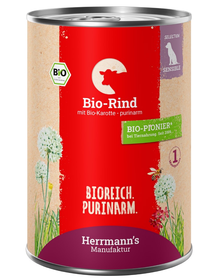 Herrmann's Hunde Dose - Sensible Bio-Rind mit Karotten und Süßkartoffel - 400g für Hunde Nassfutter purinarm sensibel