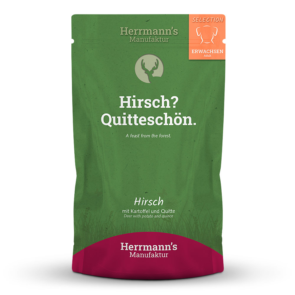 Herrmann's Hunde Pouches - Selection Adult Hirsch mit Kartoffel & Quitte - 150g Hunde Nassfutter