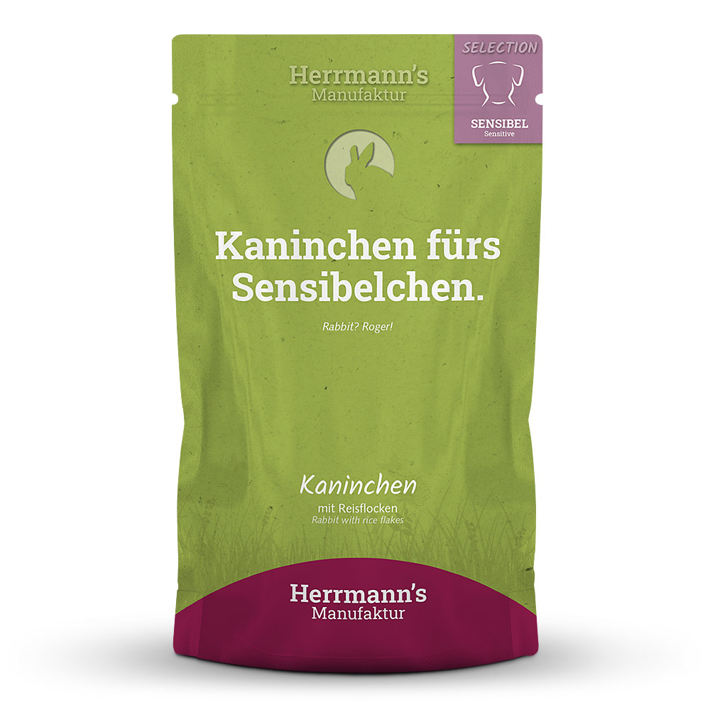 Herrmann's Hunde Pouches - Kaninchen mit Reisflocken - 150g Hunde Nassfutter sensibel
