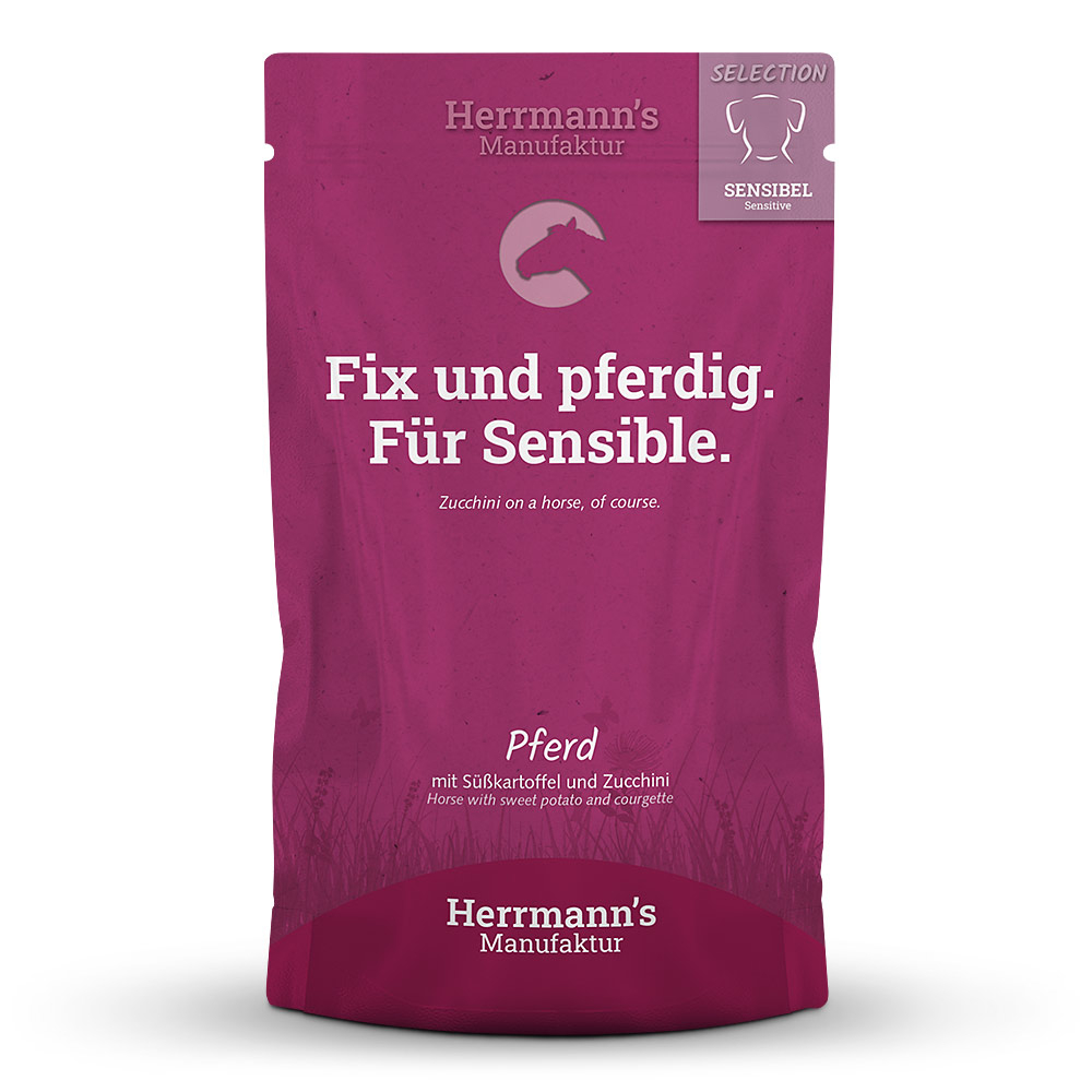 Herrmann's Hunde Pouches - Pferd mit Süßkartoffel und Zucchini - 150g Hunde Nassfutter