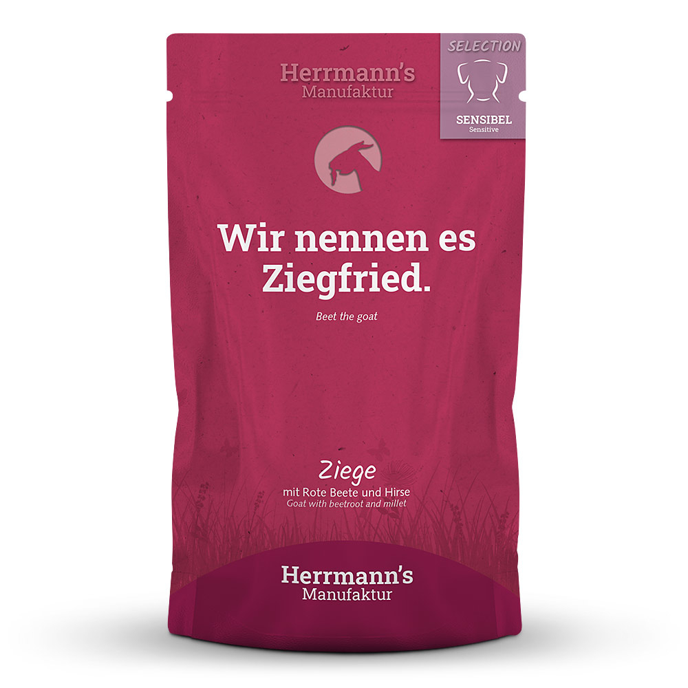 Herrmann's Hunde Pouches - Ziege mit Rote Beete und Hirse - 150g Hunde Nassfutter sensibel