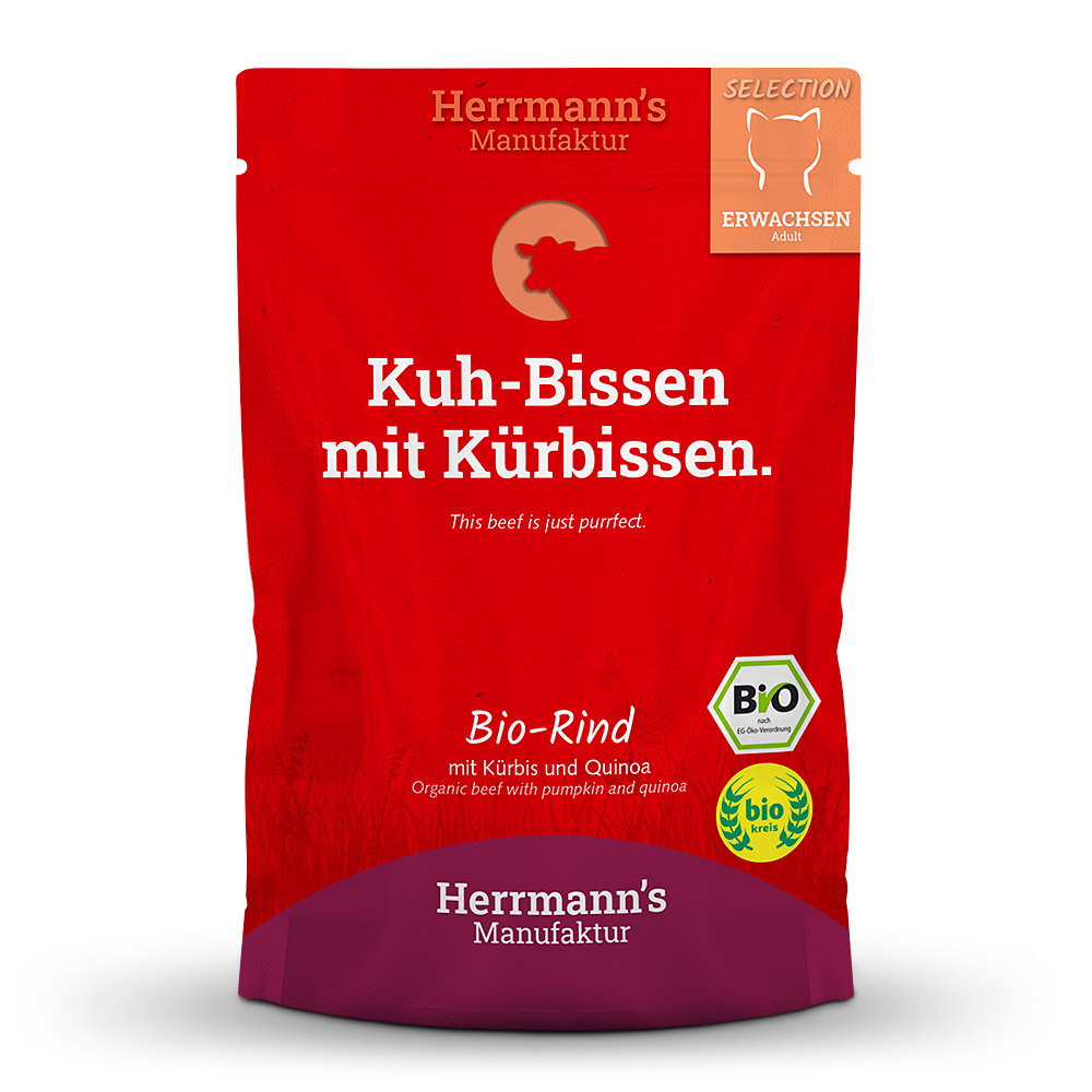 Herrmann's Katzen Pouches - Selection Adult Bio-Rind mit Kürbis und Quinoa 100g