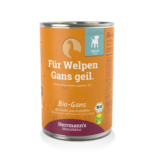 Herrmann's Welpen Menu Dose - Bio-Gans mit Kürbis und Kartoffeln - 400g Hunde Nassfutter für Welpen