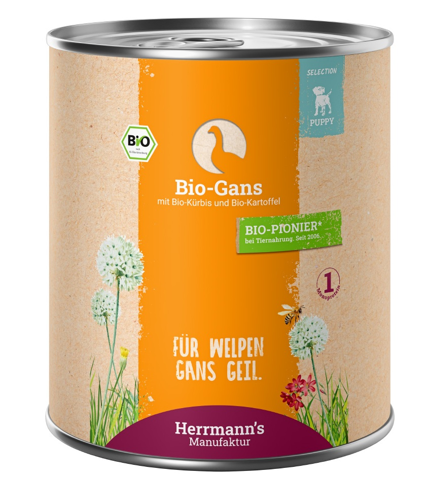 Herrmann's Welpen Menu Dose - Bio-Gans mit Kürbis und Kartoffeln - 800g Hunde Nassfutter für Welpen