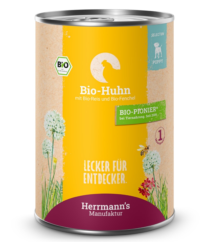 Herrmann's Welpen Menu Dose - Bio-Huhn mit Reis und Fenchel  - 400g Hunde Nassfutter für Welpen