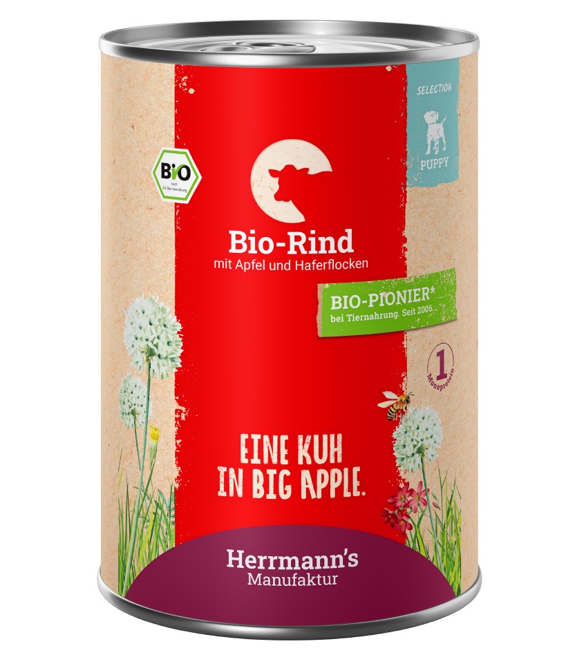 Herrmann's Welpen Menu Dose - Bio-Rind mit Apfel und Haferflocken - 400g Hunde Nassfutter für Welpen