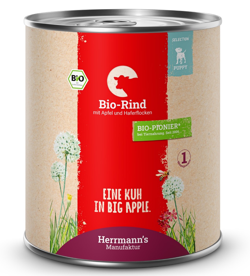 Herrmann's Welpen Menu Dose - Bio-Rind mit Apfel und Haferflocken - 800g Hunde Nassfutter für Welpen