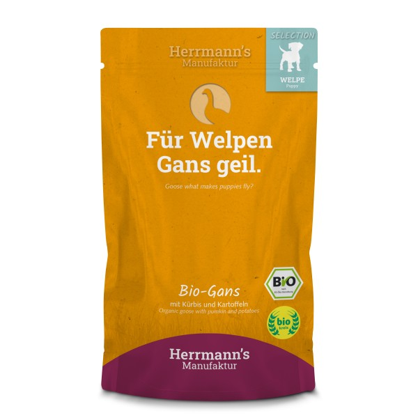 Herrmann's Welpen Menu Pouches - Bio-Gans mit Kürbis und Kartoffeln - 150g Hunde Nassfutter für Welpen