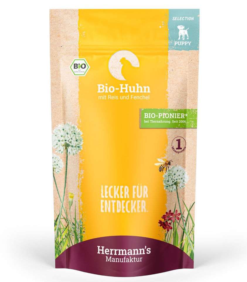 Herrmann's Welpen Menu Pouches - Bio-Huhn mit Reis und Fenchel  - 150g Hunde Nassfutter für Welpen