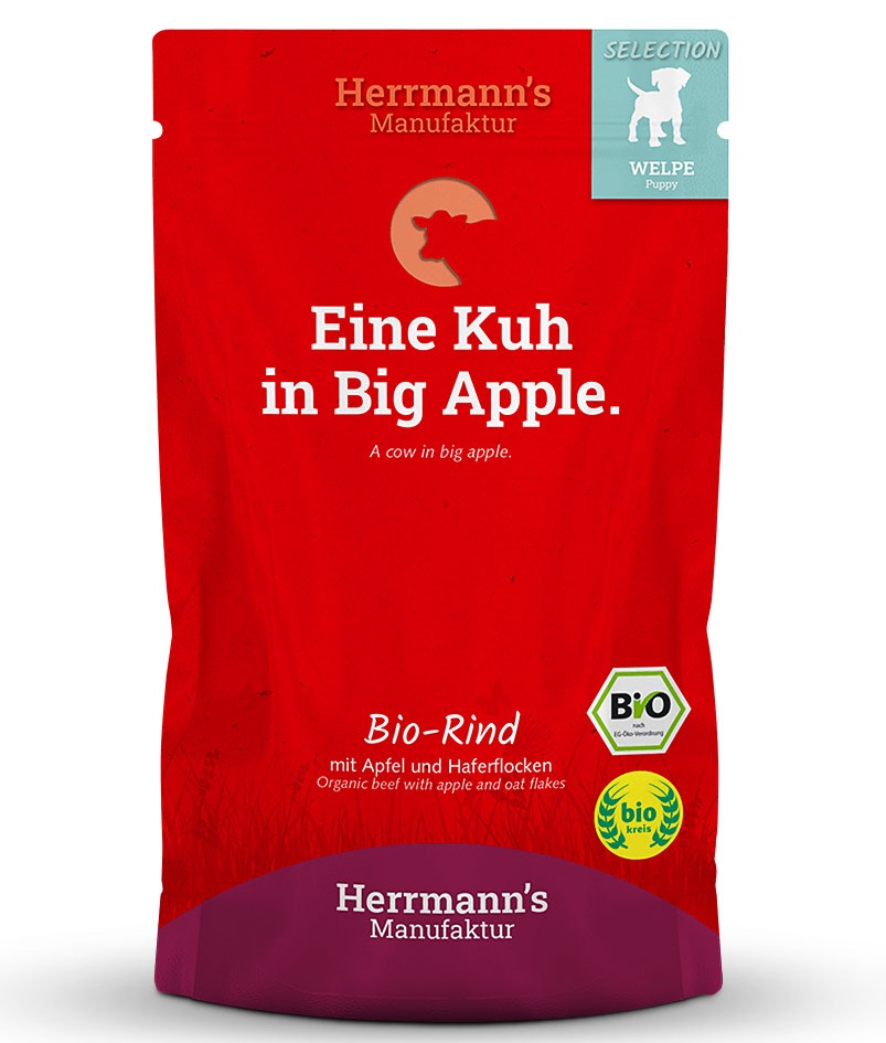 Herrmann's Welpen Menu Pouches - Bio-Rind mit Apfel und Haferflocken - 150g Hunde Nassfutter für Welpen