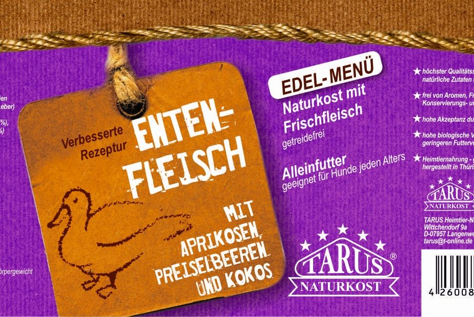 Tarus Naturkost Hund - Edel Menü Dose: Ente mit Aprikose 400g