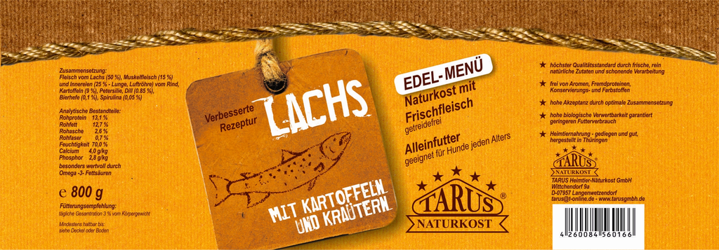 Tarus Naturkost Hund - Edel Menü Dose: Lachs mit Kräuterkartoffeln 800g