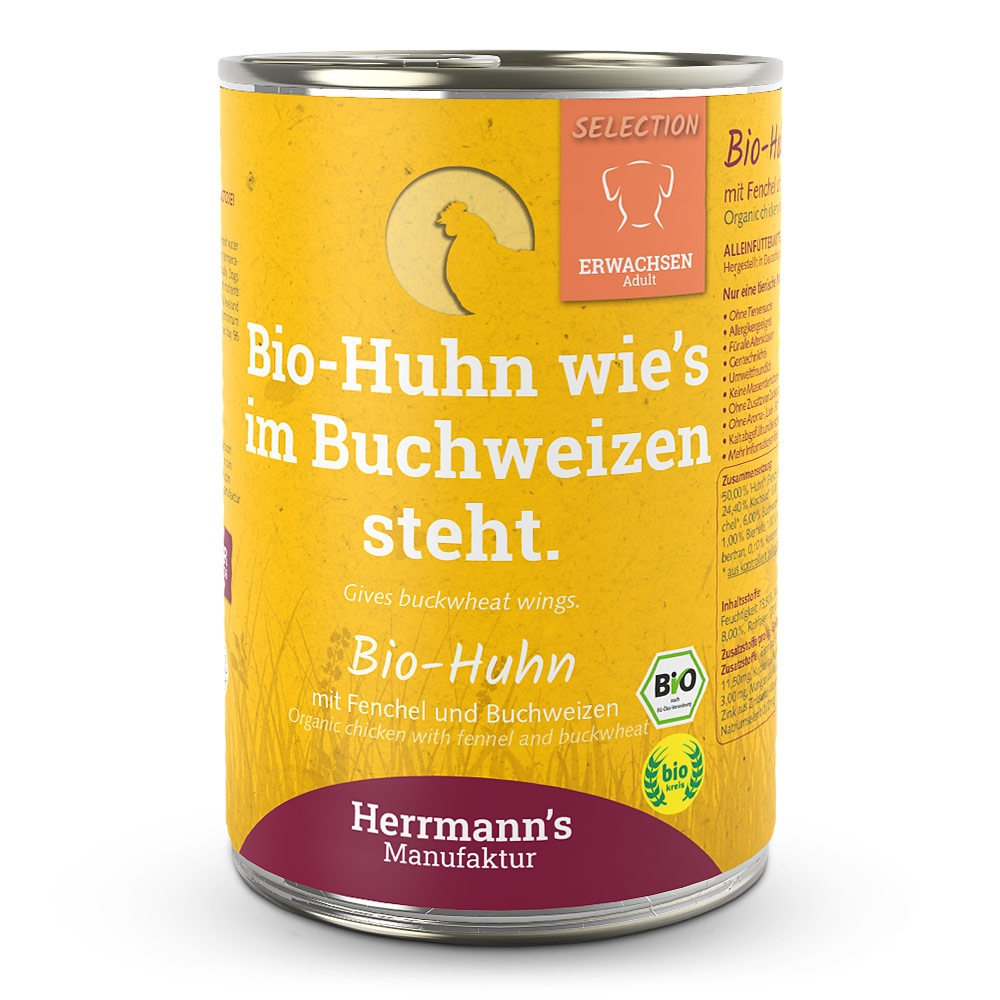 Herrmann's Hunde Dose - Bio-Huhn mit Fenchel und Buchweizen  - 400g Hunde Nassfutter