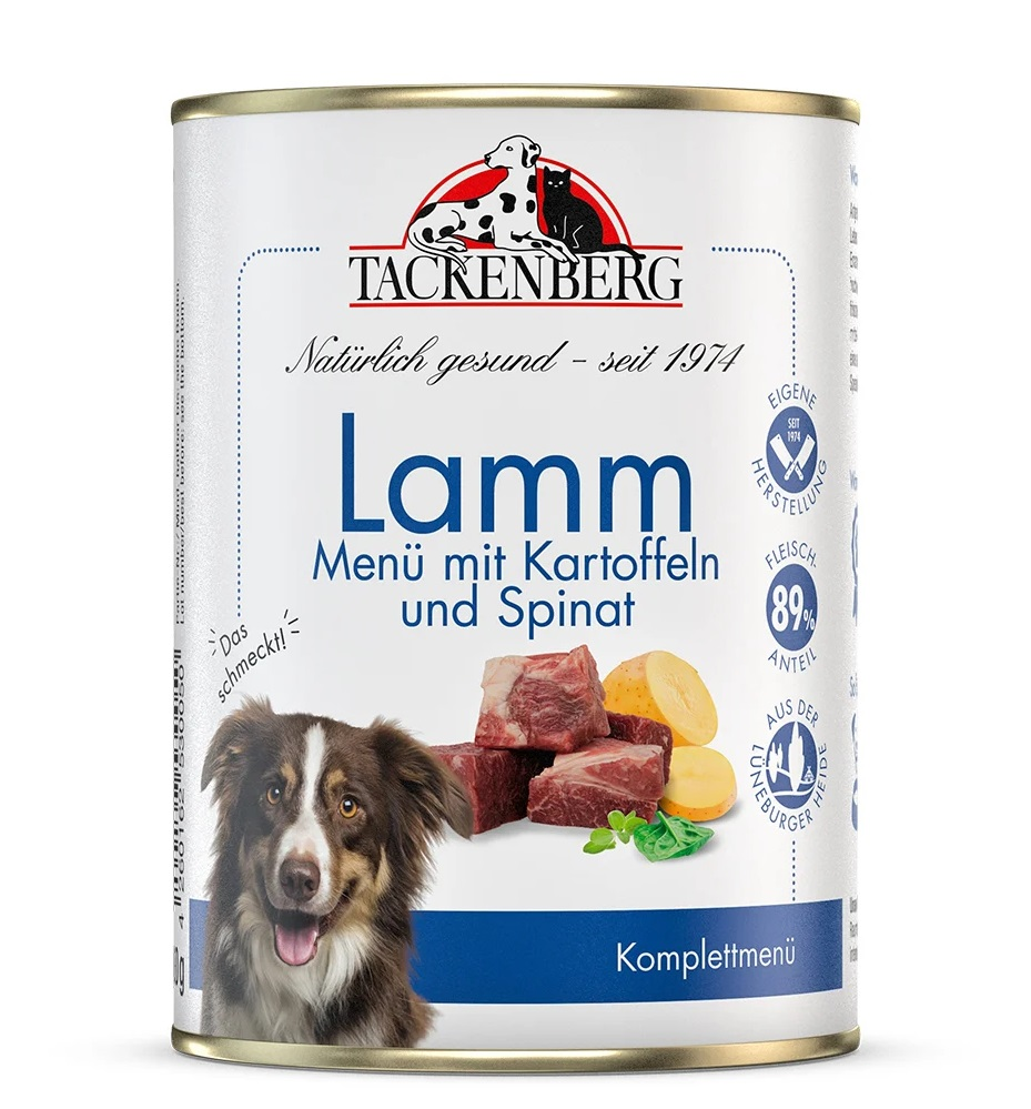 Tackenberg Menü Dose - Lamm mit Kartoffeln und Spinat 400g Nassfutter für Hunde