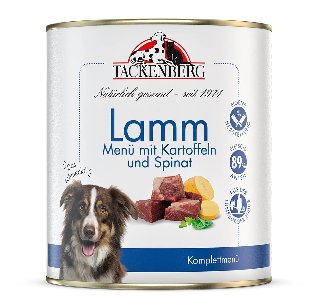 Tackenberg Menü Dose - Lamm mit Kartoffeln und Spinat 800g Nassfutter für Hunde