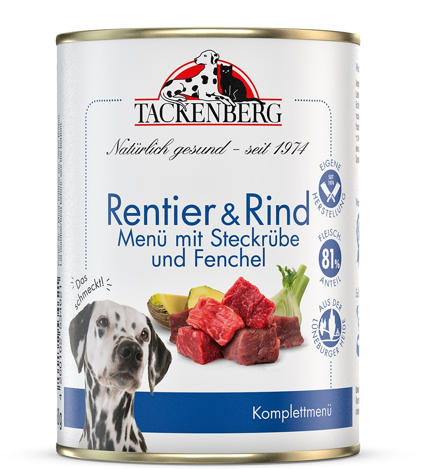 Tackenberg Menü Dose - Rentier und Rind mit Steckrübe und Fenchel 400g Nassfutter für Hunde