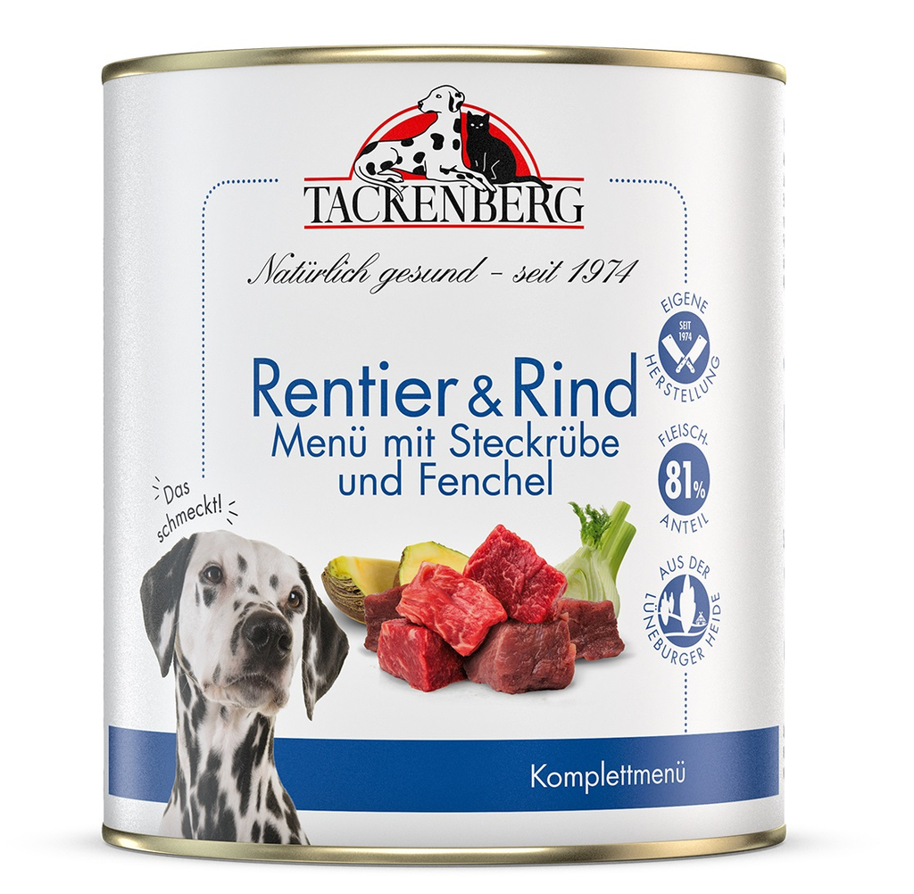 Tackenberg Menü Dose - Rentier und Rind mit Steckrübe und Fenchel 800g Nassfutter für Hunde