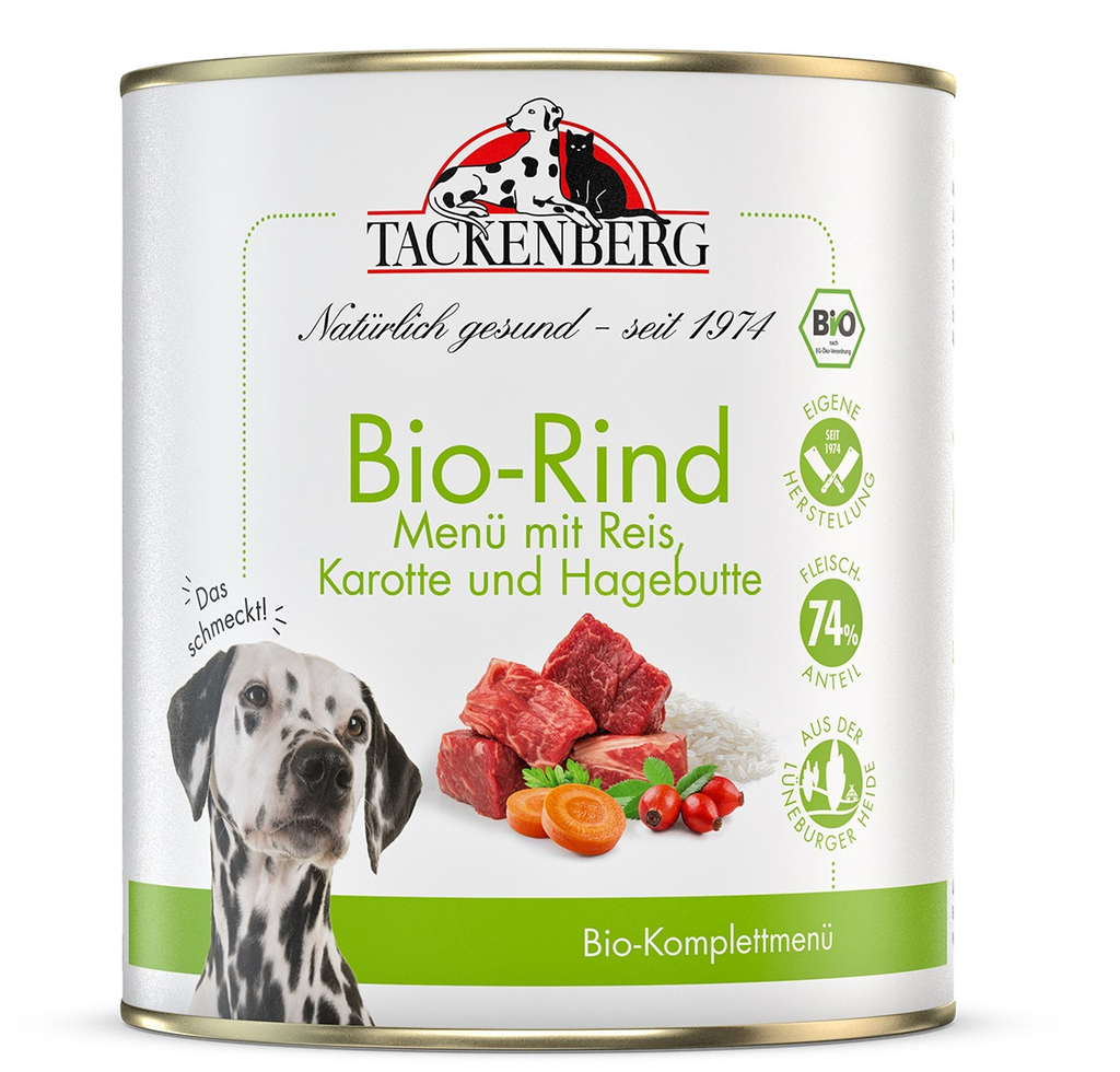 Tackenberg Menü Dose - BIO Rind mit Karotte und Hagebutte 800g Nassfutter für Hunde