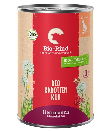 [HM006883] Herrmann's Hunde Dose - Adult Bio-Rind mit Karotten und Amaranth - 400g für Hunde Nassfutter