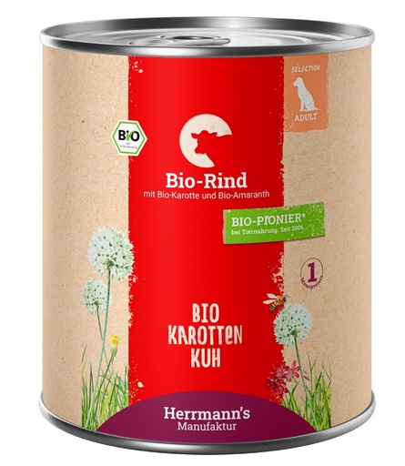 [HM006906] Herrmann's Hunde Dose - Adult Bio-Rind mit Karotten und Amaranth - 800g für Hunde Nassfutter