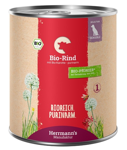 [HM009969] Herrmann's Hunde Dose - Sensible Bio-Rind mit Karotten und Süßkartoffel  - 800g purinarm sensibel