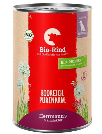 [HM009952] Herrmann's Hunde Dose - Sensible Bio-Rind mit Karotten und Süßkartoffel - 400g für Hunde Nassfutter purinarm sensibel