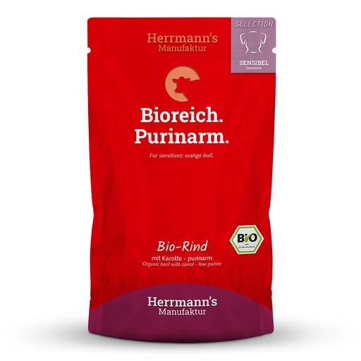 [HM009945] Herrmann's Hunde Pouches - Sensible Bio-Rind mit Karotten und Süßkartoffel - 150g purinarm
