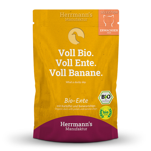 [HM007477] Herrmann's Katzen Pouches - Adult Bio-Ente mit Kartoffeln und Bananenchips 100g