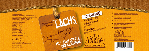 [P0008061] Tarus Naturkost Hund - Edel Menü Dose: Lachs mit Kräuterkartoffeln 800g