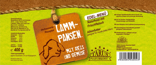 [P0008110] Tarus Naturkost Hund - Edel Menü Dose: Lammpansen mit Reis & Gemüse 400g