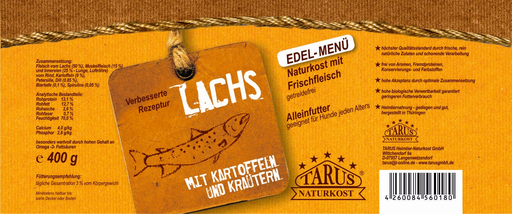 [P0008125] Tarus Naturkost Hund - Edel Menü Dose: Lachs mit Kräuterkartoffeln 400g
