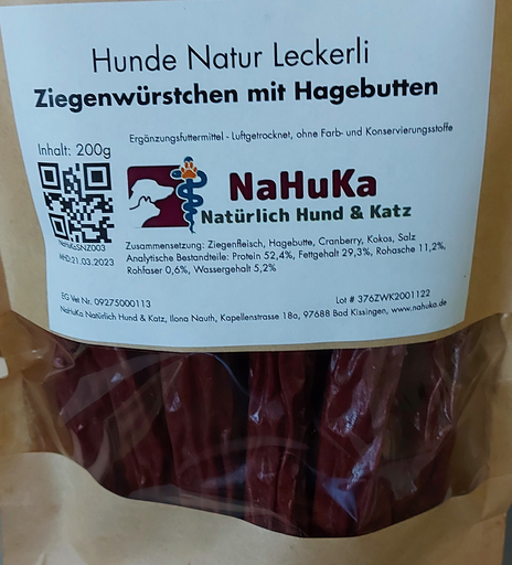 [NaHuKaSNZW01] NaHuKa Natur Leckerli - Ziegenwürstchen mit Hagebutte,  Cranberry und Kokos 200g