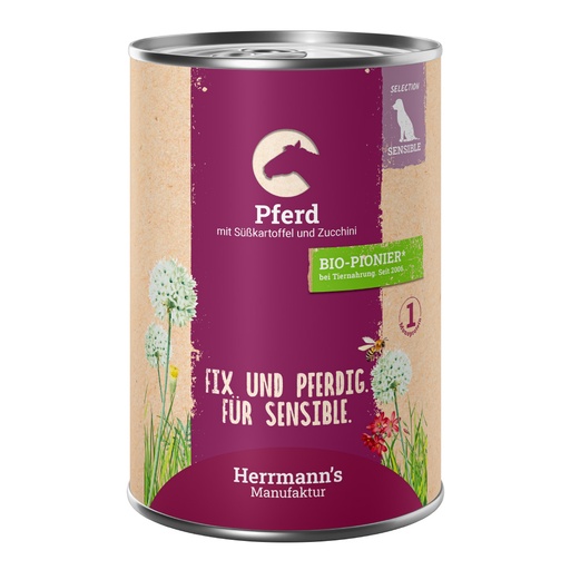 [P0008489] Herrmann's Hunde Dose - Pferd mit Süßkartoffel und Zucchini - 400g Hunde Nassfutter