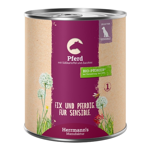 [P0008490] Herrmann's Hunde Dose - Pferd mit Süßkartoffel und Zucchini - 800g Hunde Nassfutter