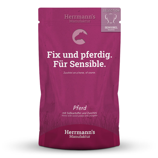 [P0008491] Herrmann's Hunde Pouches - Pferd mit Süßkartoffel und Zucchini - 150g Hunde Nassfutter