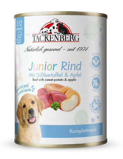 [P0008581] Tackenberg Welpen Menü Dose - Junges Rind mit Süßkartoffeln & Apfel 200g Nassfutter für Hunde Welpen