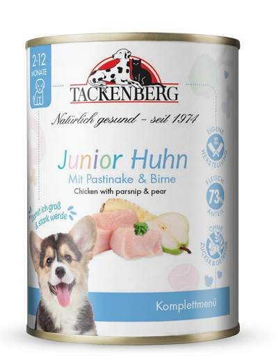 [P0008583] Tackenberg Welpen Menü Dose - Freilandhuhn mit Pastinaken & Birne 200g Nassfutter für Hunde Welpen