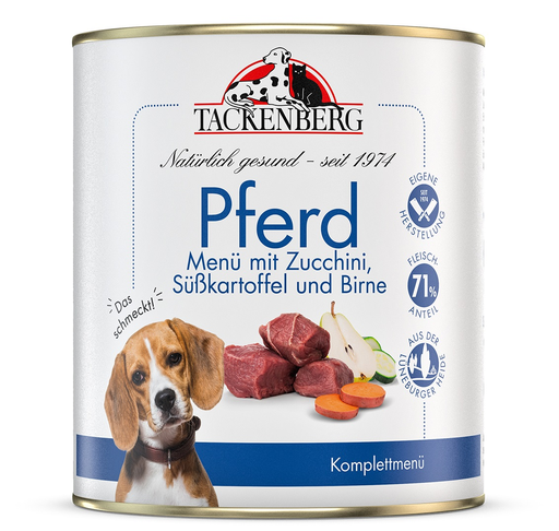 [P0008585] Tackenberg Menü Dose - Pferd mit Zucchini, Süßkartoffel und Birne 800g Nassfutter für Hunde