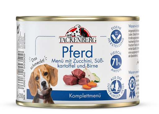 [P0008587] Tackenberg Menü Dose - Pferd mit Zucchini, Süßkartoffel und Birne 200g Nassfutter für Hunde