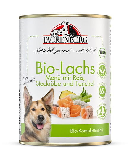 [P0008590] Tackenberg Menü Dose - BIO Lachs mit Reis & Fenchel 400g Nassfutter für Hunde