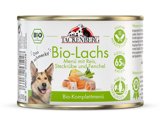 [P0008591] Tackenberg Menü Dose - BIO Lachs mit Reis & Fenchel 200g Nassfutter für Hunde